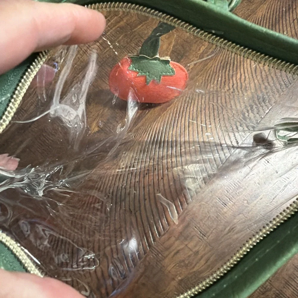 Luxe + willow Clear Green Trim makeup bag With Red Tomato Charm Zipper